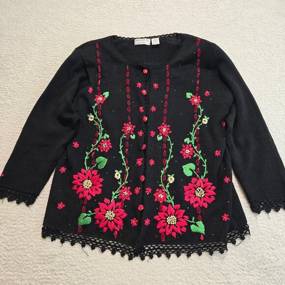 Vtg Arriviste Woman Embroidered Button-up Christmas Cardigan Sweater Size 14/16 - Picture 1 of 12